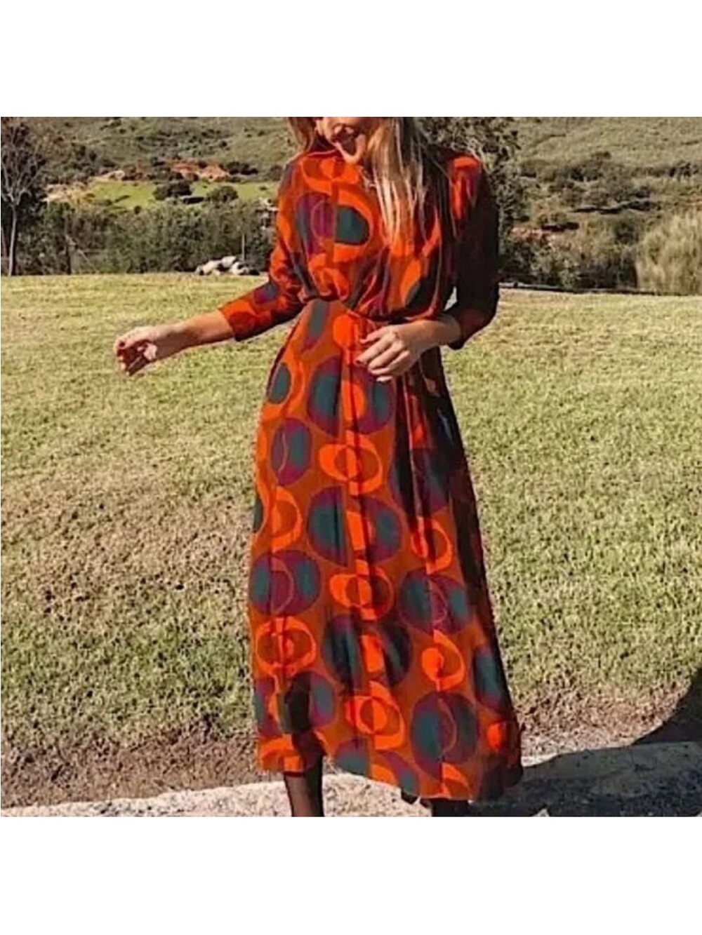 Zara High Neck Orange Geometric Print Long Sleeve Pleated Midi Dress
